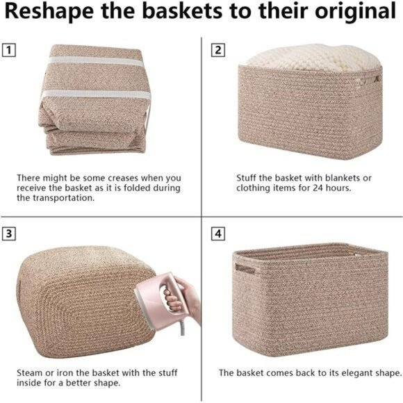 Woven Cotton Storage Baskets Set Cube Shelf Organizer Bins with Handles - Picture 7 of 8